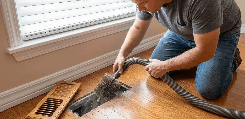 Air duct cleaning technician vacuuming a floor vent and duct opening in Kansas City, KS
