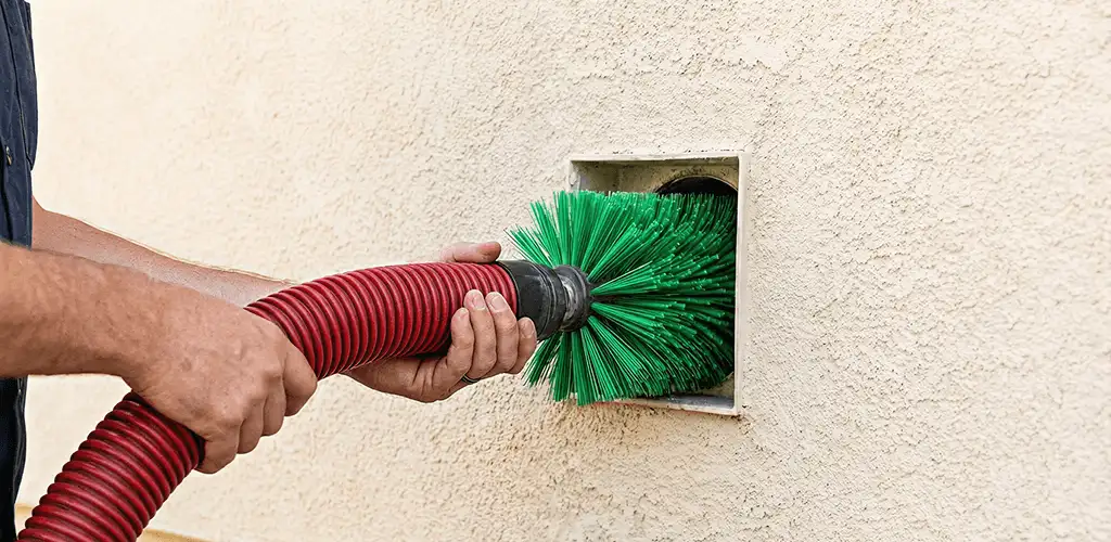 Air duct cleaning brush removing debris from a vent opening in Kansas City, KS