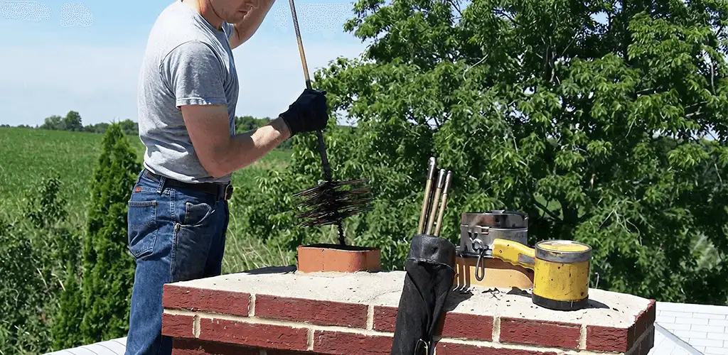 Chimney cleaning technician working on a rooftop chimney with professional tools in Kansas City, KS