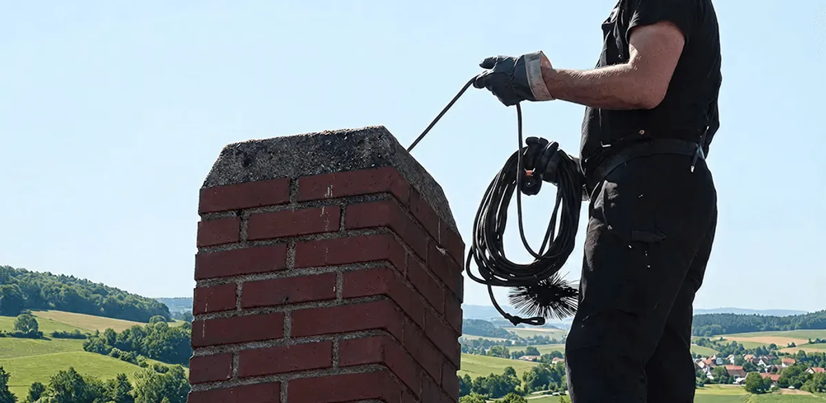 Chimney sweep inspecting and cleaning a rooftop chimney in Kansas City, KS