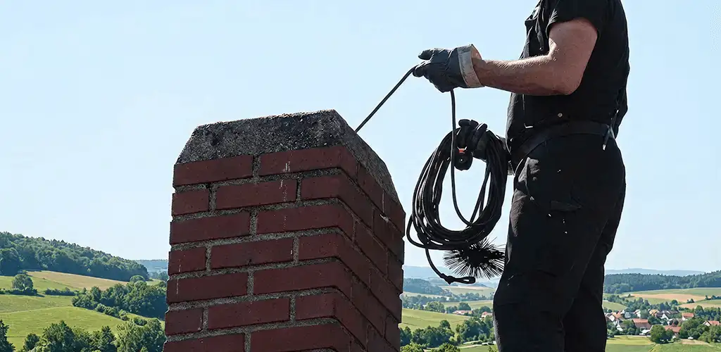 Chimney sweep inspecting and cleaning a rooftop chimney in Kansas City, KS