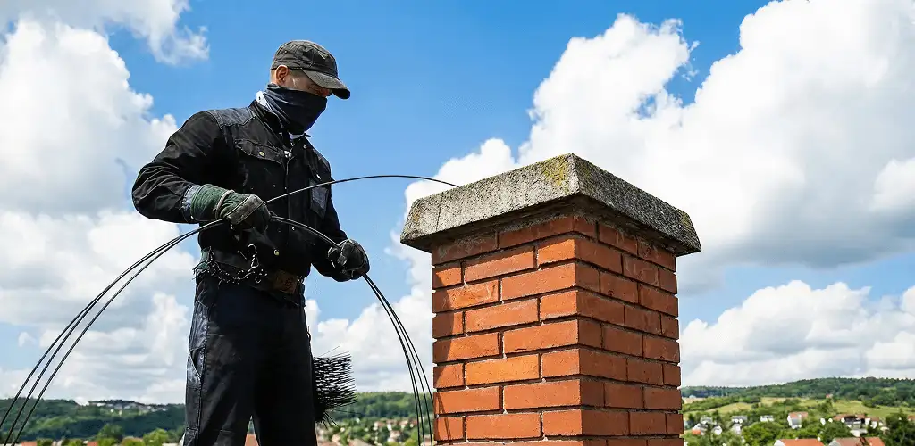 Chimney sweep cleaning a brick chimney with professional tools in Kansas City, KS
