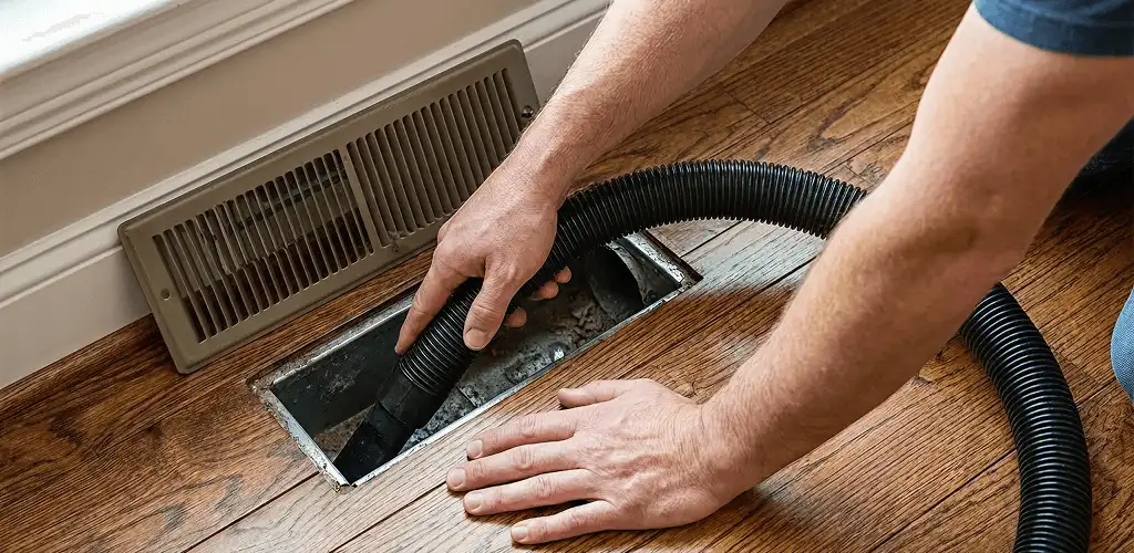 Air duct cleaning technician vacuuming a floor register and duct opening in Kansas City, KS