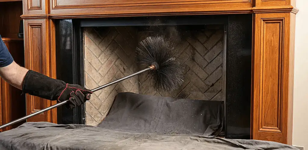 Chimney cleaning service brushing soot from a fireplace and flue in Kansas City, KS