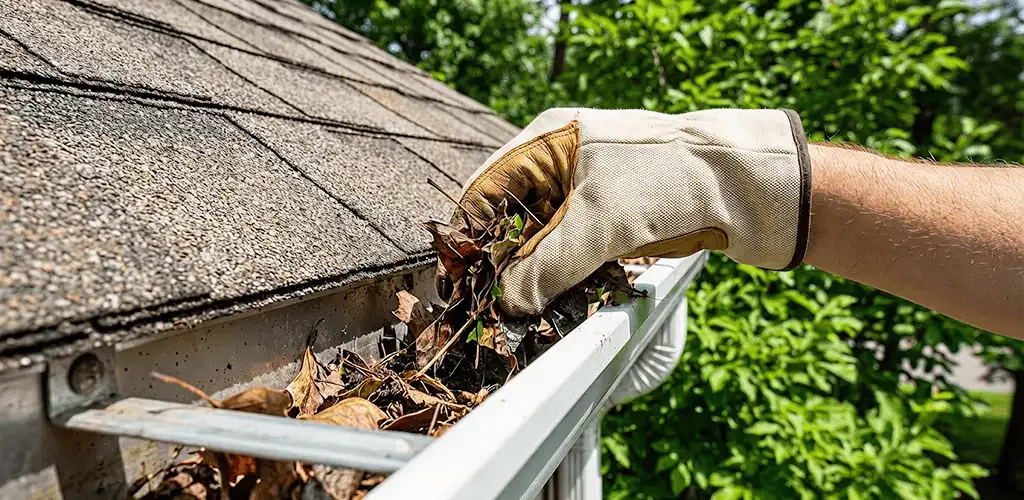 Gutter cleaning removing leaves and debris from roof gutters in Kansas City, KS