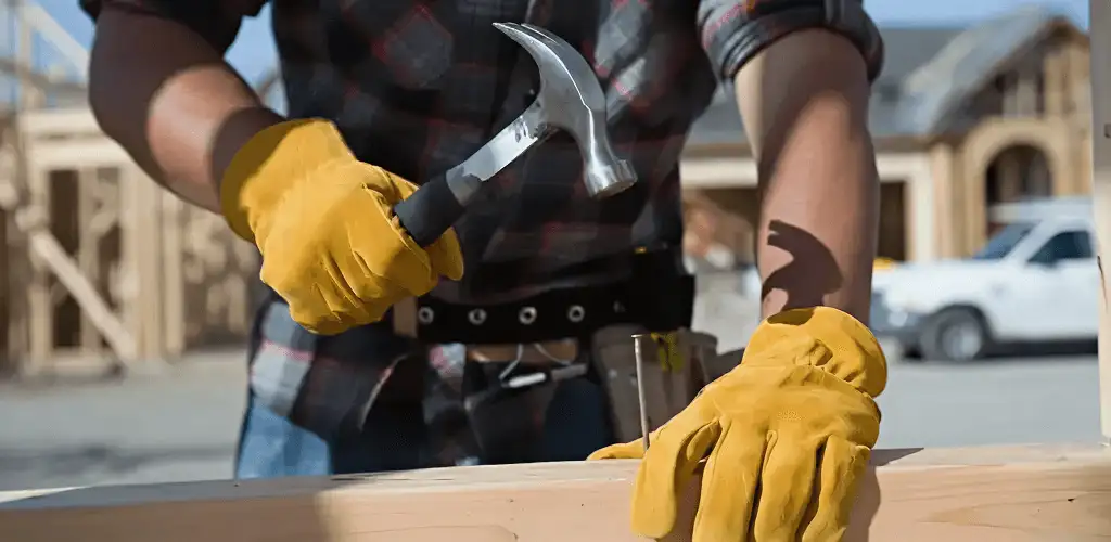Handyman fixing wood trim with a hammer for home repairs in Kansas City, KS