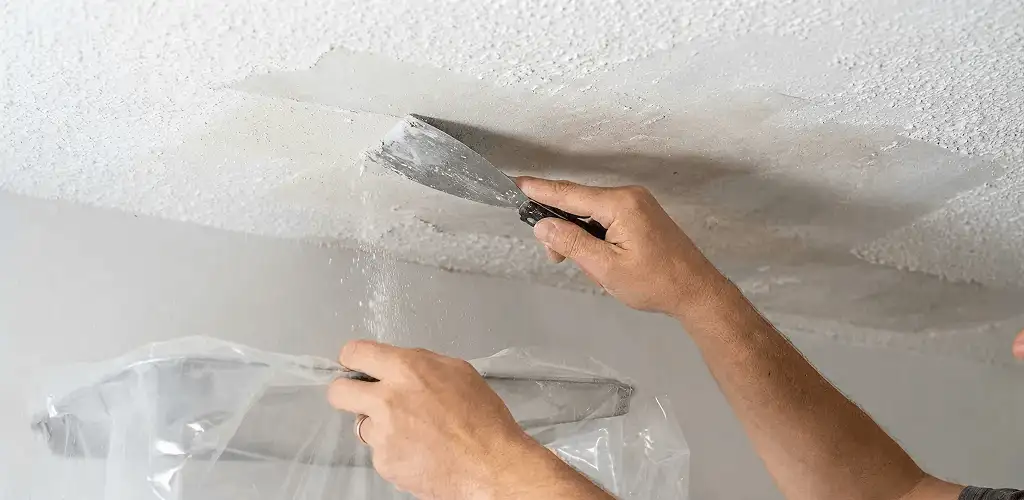 Popcorn ceiling removal technician scraping texture from a ceiling in Kansas City, KS