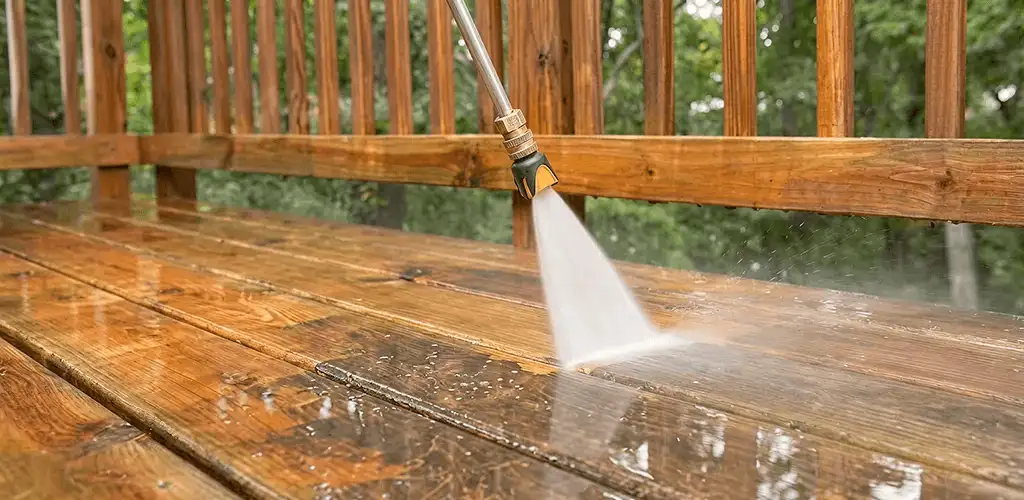 Pressure washing a wood deck to remove dirt and buildup in Kansas City, KS