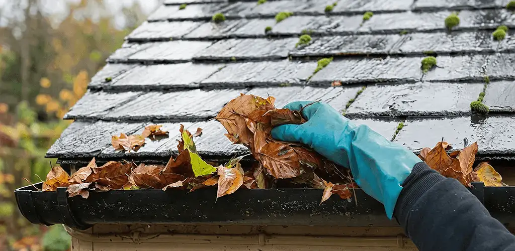 Gutter cleaning technician clearing wet leaves from roof gutters in Kansas City, KS