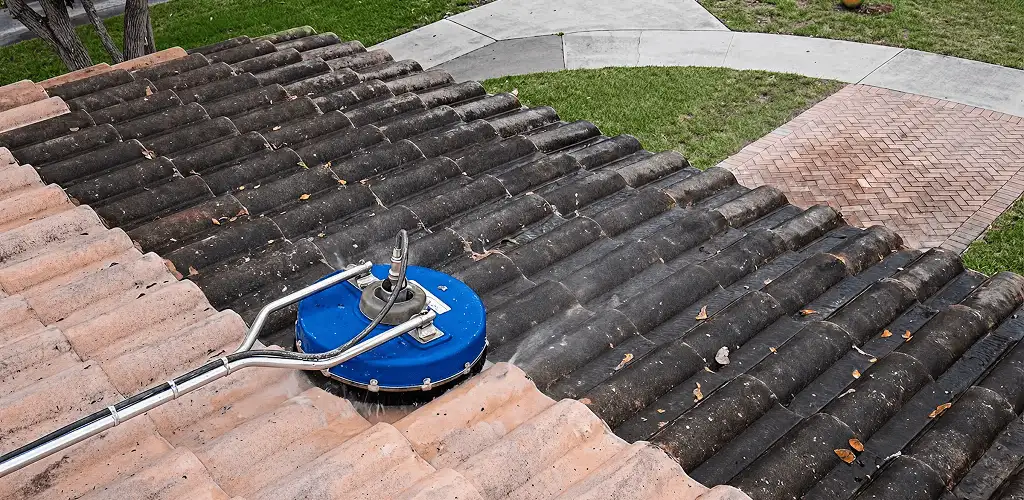 Roof pressure cleaning removing debris and buildup from roof tiles in Kansas City, KS