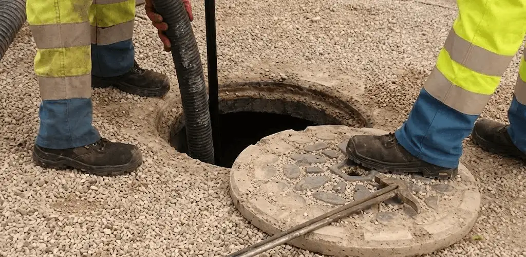Drain cleaning crew clearing a sewer access point with professional equipment in Kansas City, KS