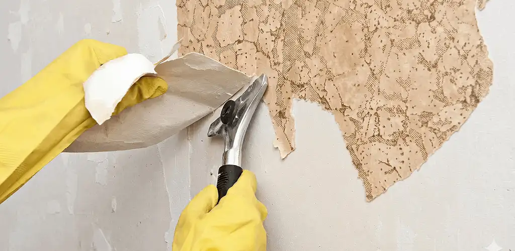 Wallpaper removal service stripping old wallpaper from a wall in Kansas City, KS