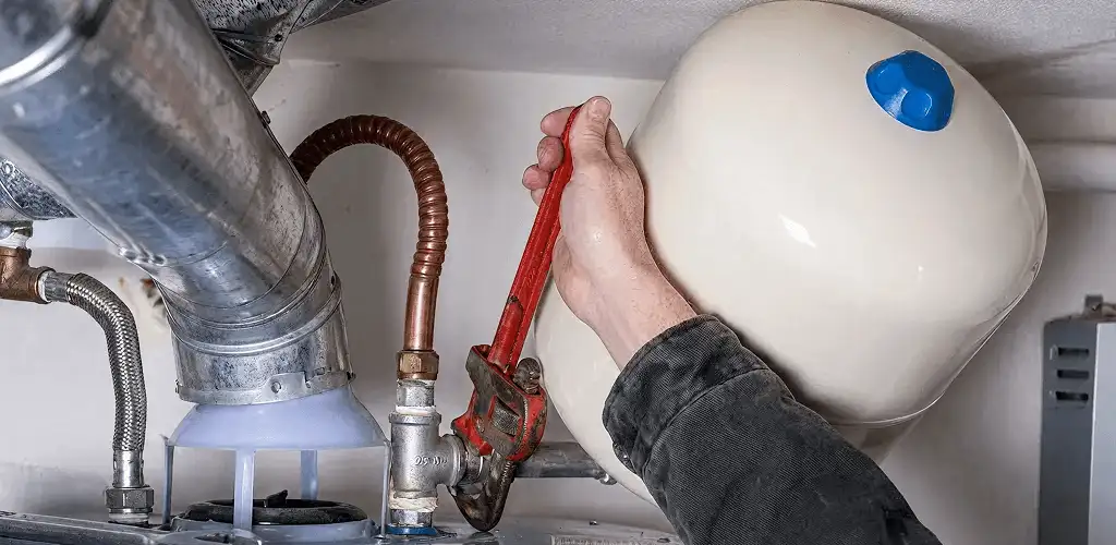Water heater repair technician tightening plumbing connections near a tank unit in Kansas City, KS
